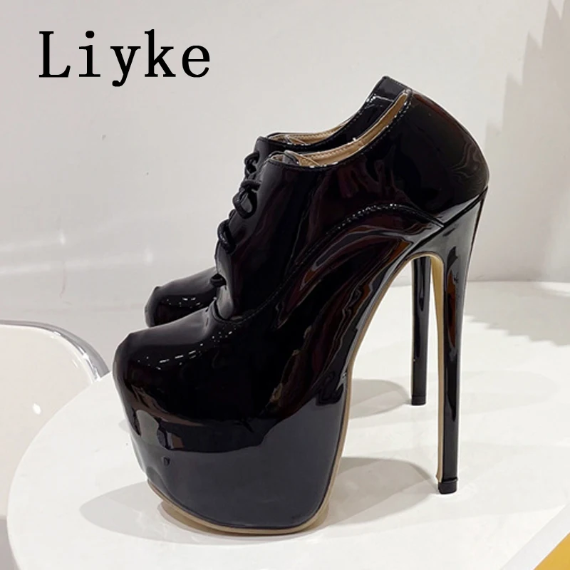 Liyke Fashion Patent Leather Platform Pumps Women Cross Lace Up Round Toe Extreme High Heels Stripper Pole Dance Shoes Size 42