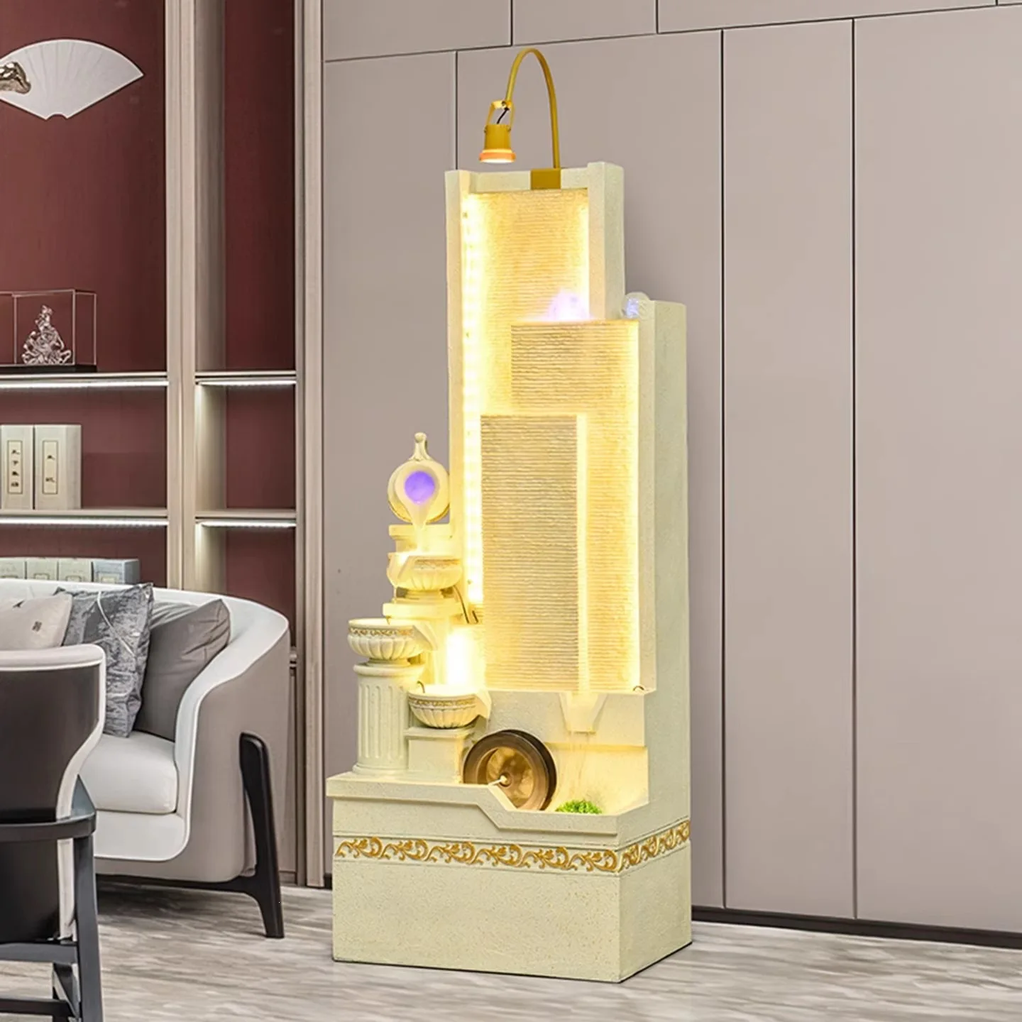 Living room, flowing water ornament, fish tank, circulating water fountain, landscaping, decoration, office entrance
