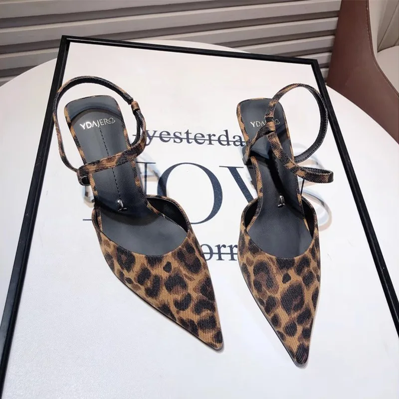 

High Quality Women's Elegant Sandals High Heel Luxury Mules Leopard Printed Fashion Shoes Sexy Thin Heel Ankle Strap Sandals