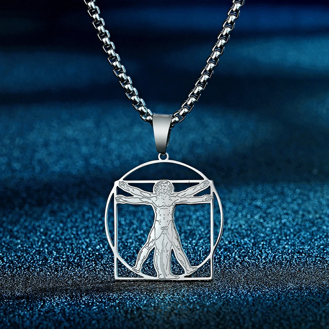 CHENGXUN Leonardo Da Vinci Vitruvian Pendant Necklace for Men Women Stainless Steel Hollow Amulet Disc Charm Chain Jewelry Gift