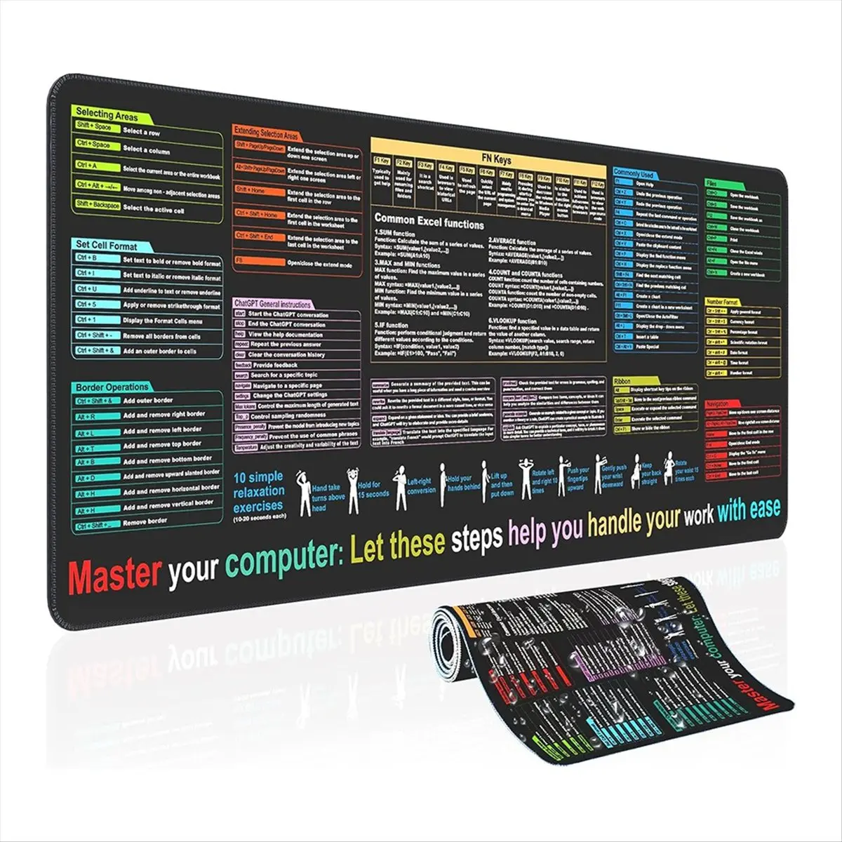 

Коврик для мыши INABEZ English Mouse Pad Excel Text Editor Cheat Sheet, коврик для мыши с клавишами быстрого доступа для программирования, нескользящий настольный коврик 40x90x0.2 см