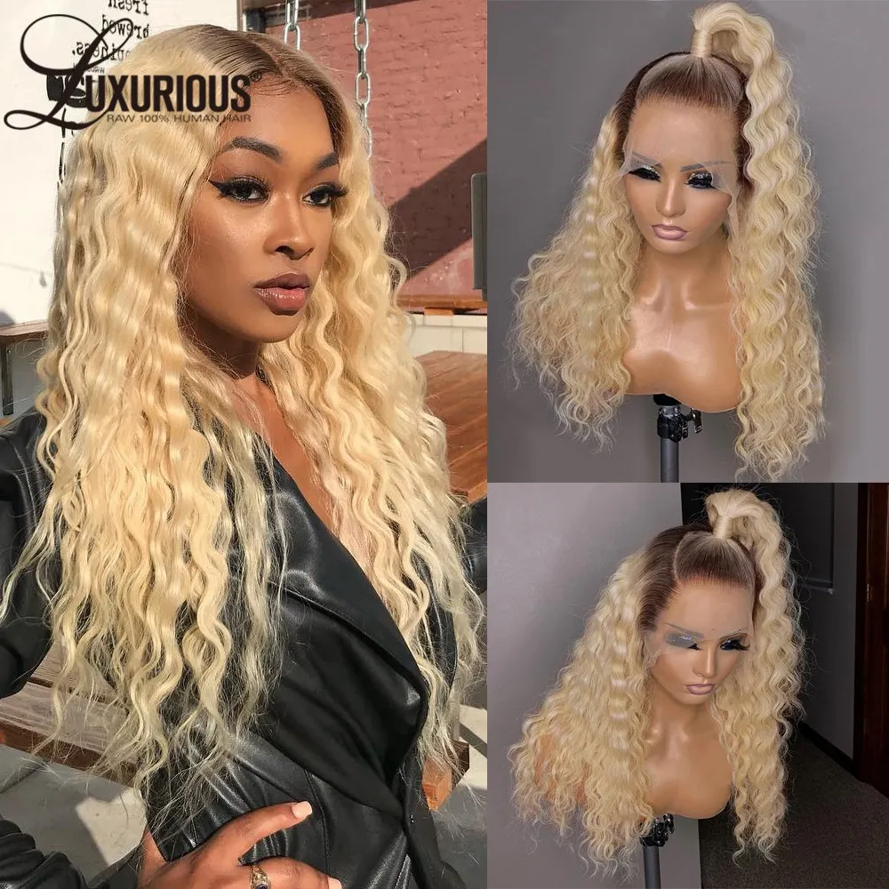 

Ombre Honey Blonde Deep Wave Glueless 13x4 Lace Front Wig Brazilian Human Hair Preplucked 613 Transparent 5x5 Lace Closure Wigs