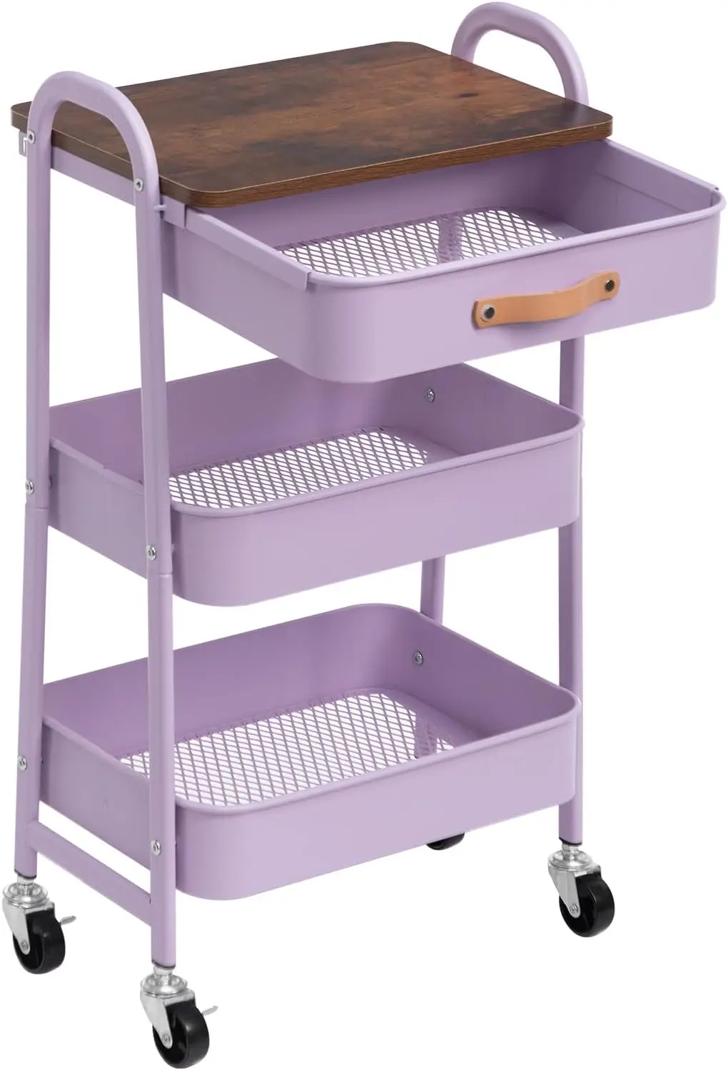 

3-Tier Rolling Cart with Drawer & Wooden Top, Mobile Storage Organizer for Home Office, Purple