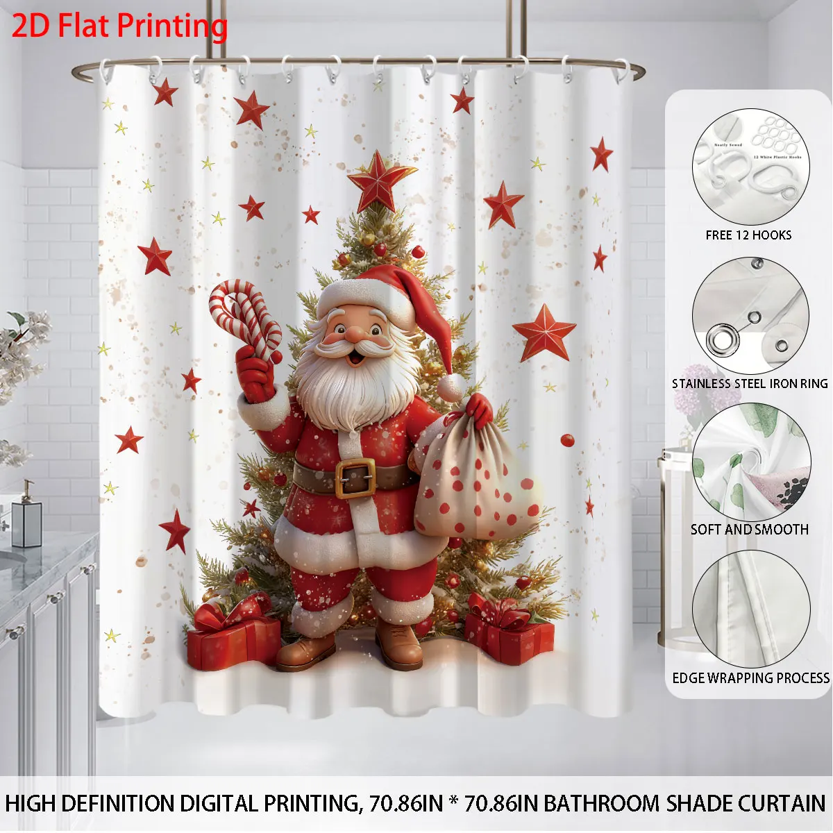 

4pcs Red Santa Claus Printed Bathroom Set 180x180 Waterproof Shower Curtain with 12 Hooks, Floor Mat, Toilet Mat, U-shaped Mat