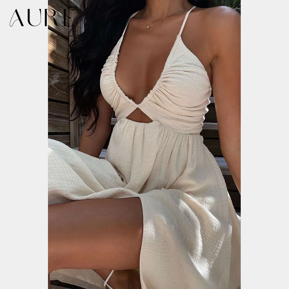 Aure Customized Cream Halter Evening Midi Dress Texture V Neck Cutout Backless Side Slit Beach Vacation Sundress Party Prom Gown