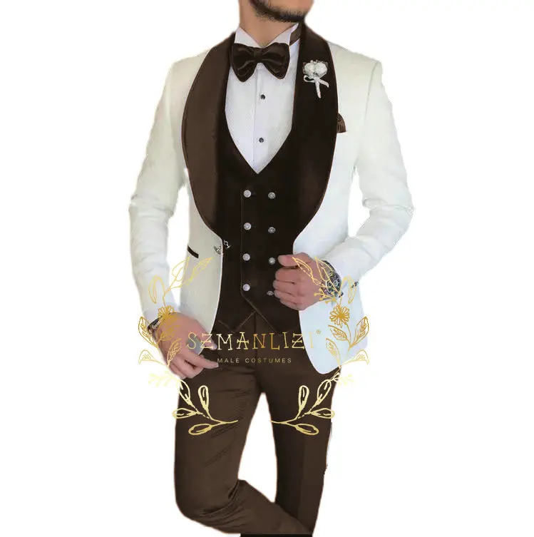 New Arrival White Paisley Jacquard Party Blazer Sets Men Suits Costume Homme Groom Tuxedos Wedding Terno Masculino 3 Pieces