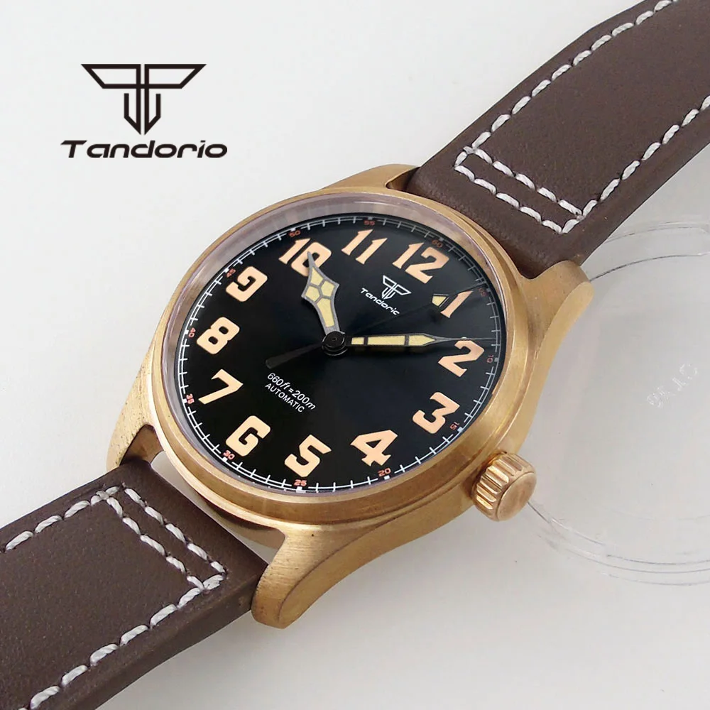 Tandorio CUSN8 Bronze 200M Automatic Diver Men\'s Watch PT5000 NH35A Sapphire Glass Green Lume Dial Arabic Numerals Leather Strap