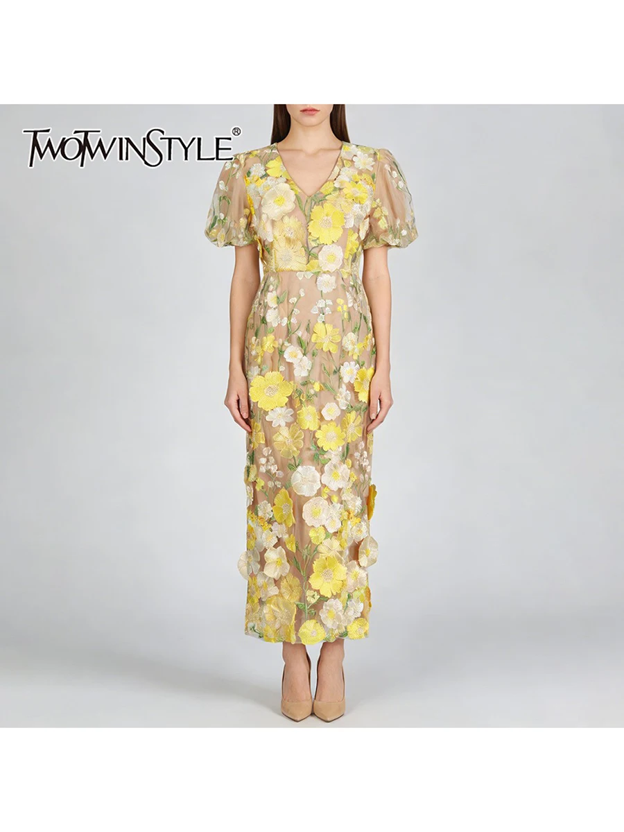 Vestidos Longos Elegantes com Bordado em Camadas para Mulheres, Decote em V, Mangas Curtas, Vestido em Patchwork com Flores 3D, Novo