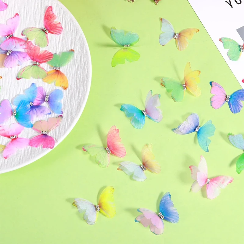 50Pcs 5cm Double Butterfly Appliqued 3D Simulation Organza Butterfly Patch for DIY Crafts Wedding Party Home Decorations
