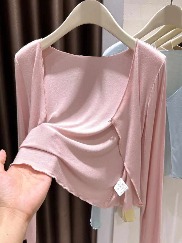 

Pink Sweet Dopne Ice Silk Knitted Sun Protection Cardigan Women Summer Strap Dres Outer awl Thin Small Cover up