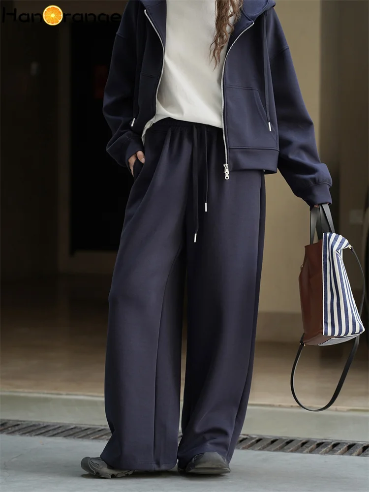 

HanOrange 2025 Autumn Casual Sporty Elastic Waist Wide Leg Pants Women 3D Trousers Grey/Navy Blue