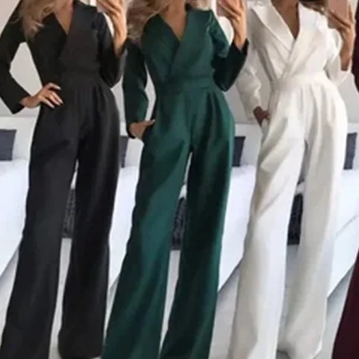 

Women Jumpsuits Long Sleeve V Neck Rompers Overalls One Piece Wide Leg Pants Slight Strech Office Lady Solid New Chinese