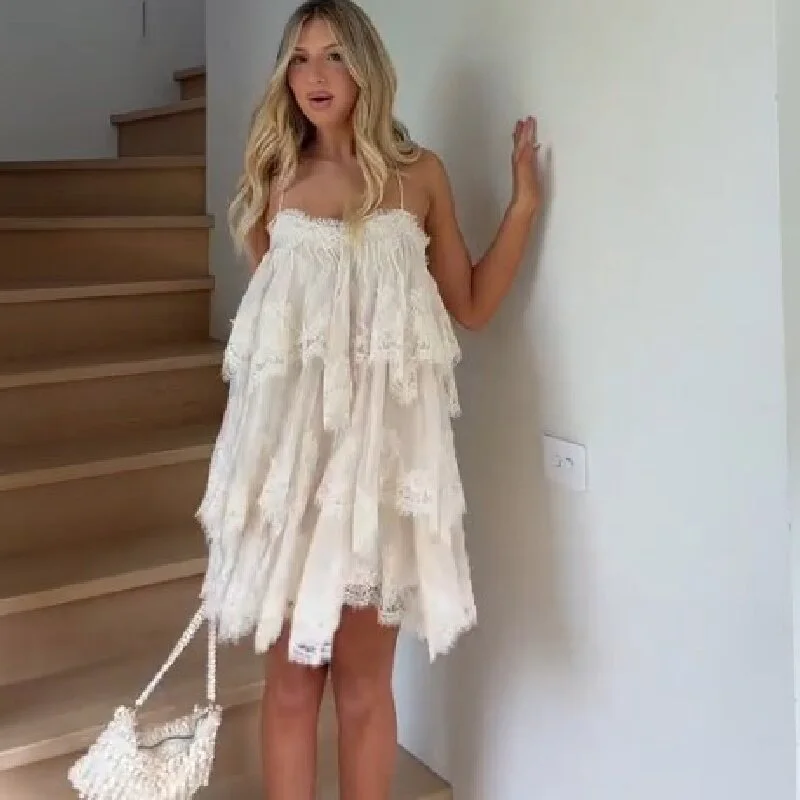 2026 Sweet White Ruffles Lace Layered Dress Women Spaghetti Strap Sleeveless Off Shoulder Loose Fit Gowns Summer Date Beach Wear