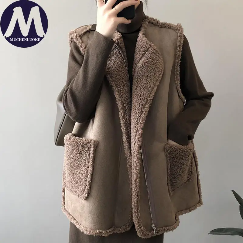 Elegant Sleeveless Jacket Women Autumn Winter Faux Lamb Fur Warm Vest Korean Fashion Casual Loose Coats for Women