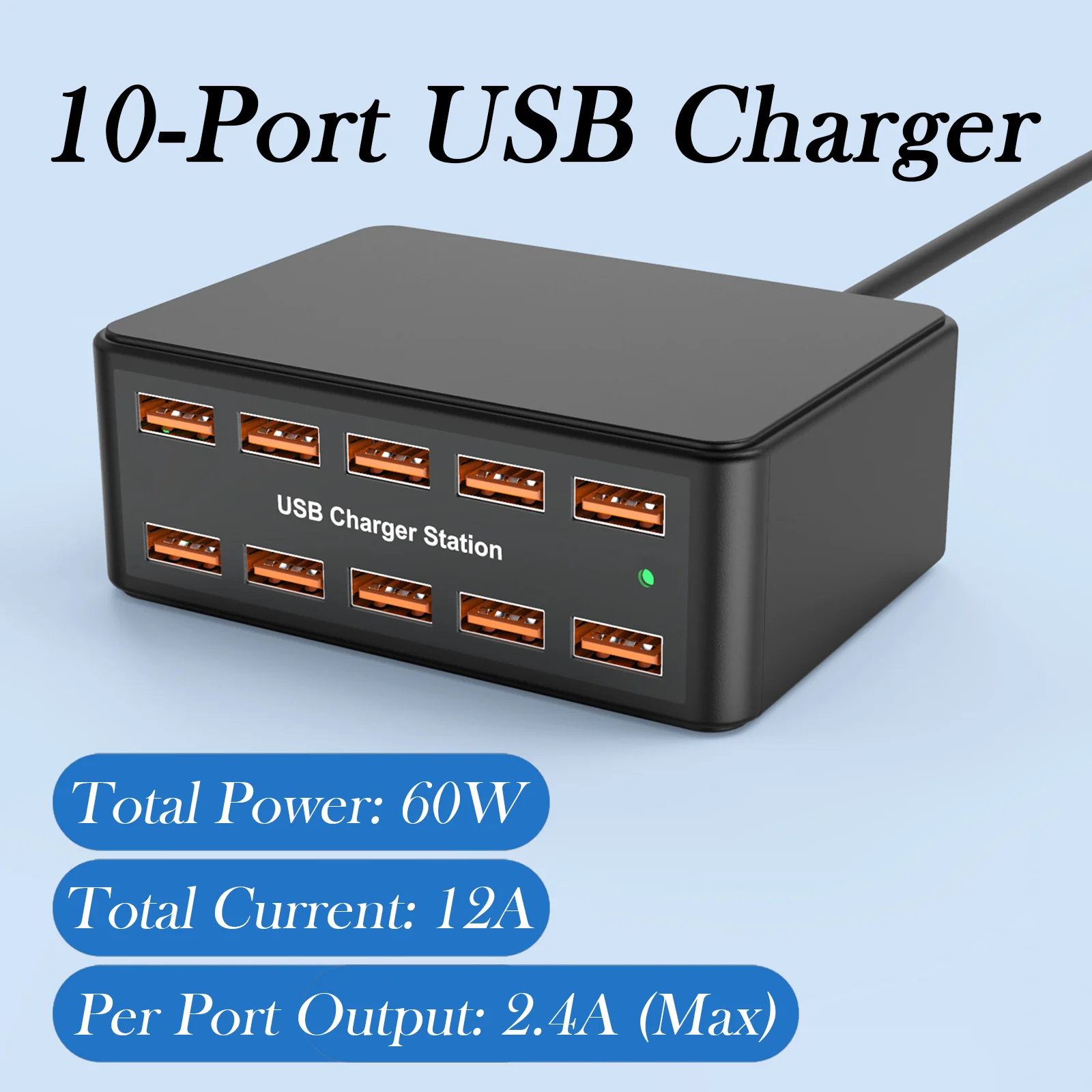 10-портовая USB-зарядная станция мощностью 60 Вт — быстрое многопортовое зарядное устройство для планшетов iPhone Samsung iPad — настольный концентратор питания