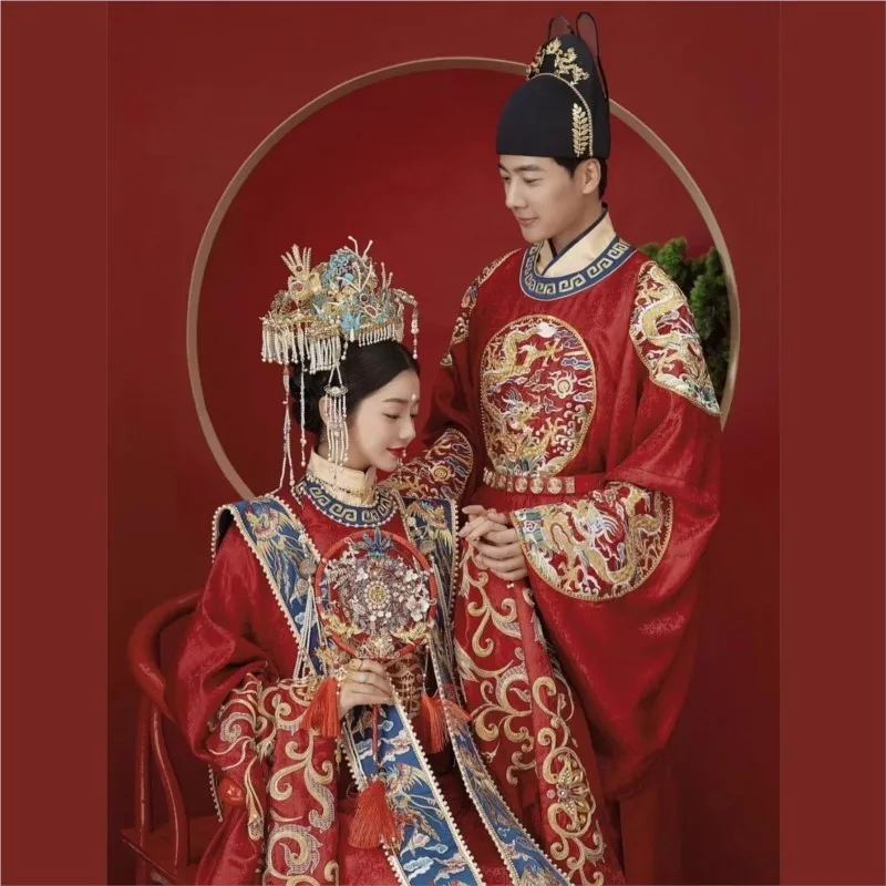 

Короны Феникса династии Хань, красные свадебные халаты, платья и наряды для пар в китайском стиле для тостов