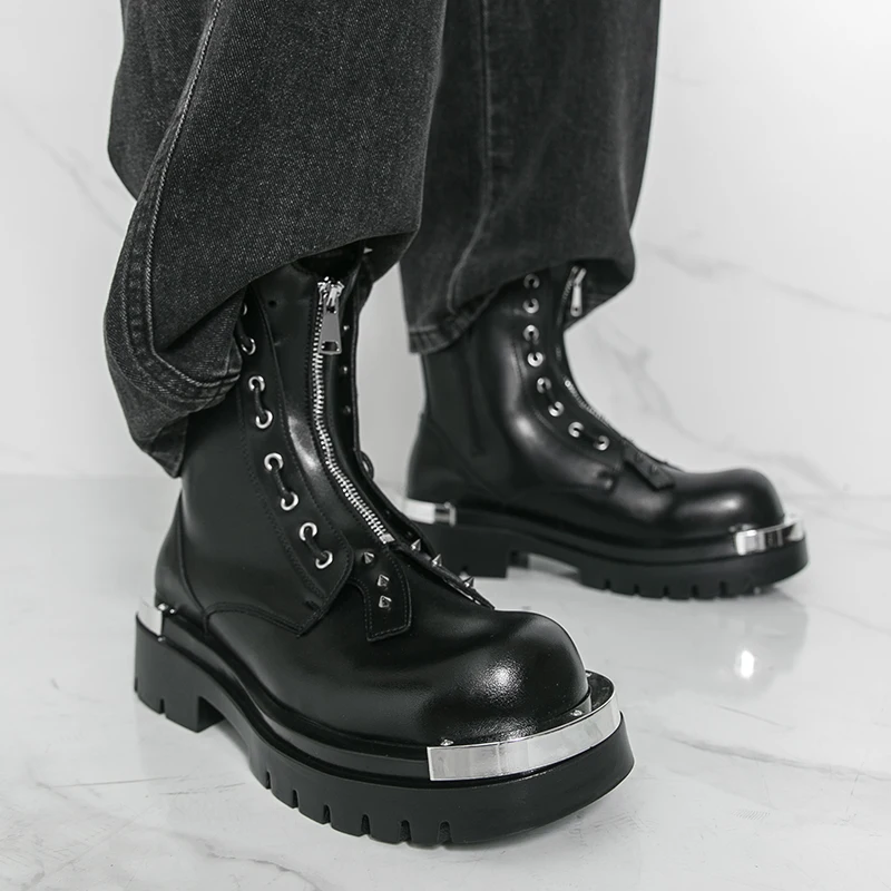 Men High Top Boots PU Thick Soled Bare Boots with Rivet Decoration Trendy Classic Men Boots image 6