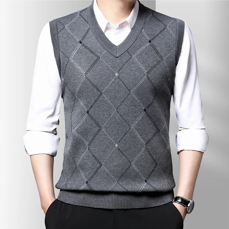 Middle Aged Business V-neck Sweater Tank Printed Patchwork Screw Thread Loose Jacquard Slim Sleeveless Knitted Top JJ297