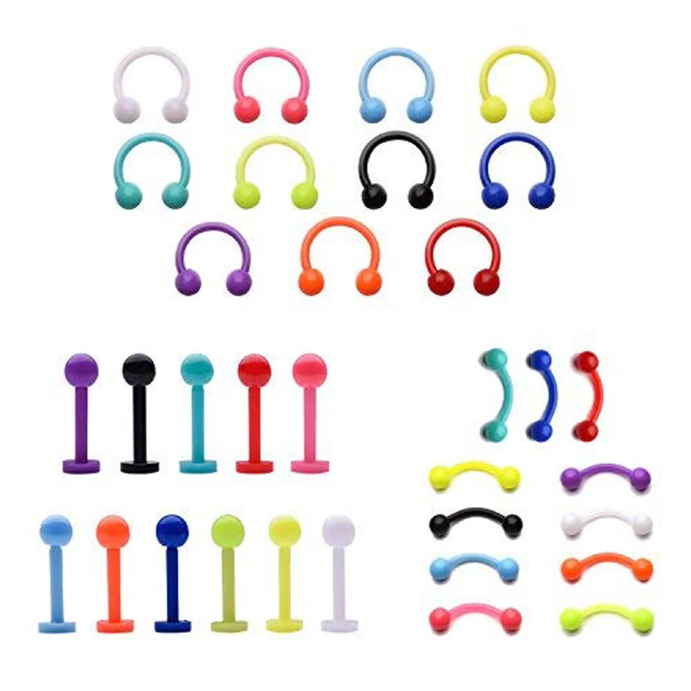 33pcs 16G Eyebrow Ring Lip Labret Nose Rings Acrylic Flexible Cartilage Ear Piercing Jewelry Pack For Woman and Man