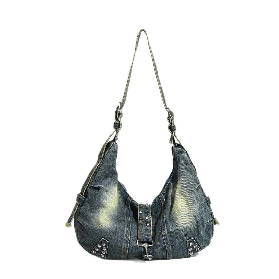 

Винтажные женские сумки через плечо с заклепками, вместительные джинсовые сумки-хобо, сумки-тоут из выстиранного денима, большие сумки-кроссбоди, синие сумки-тоуты