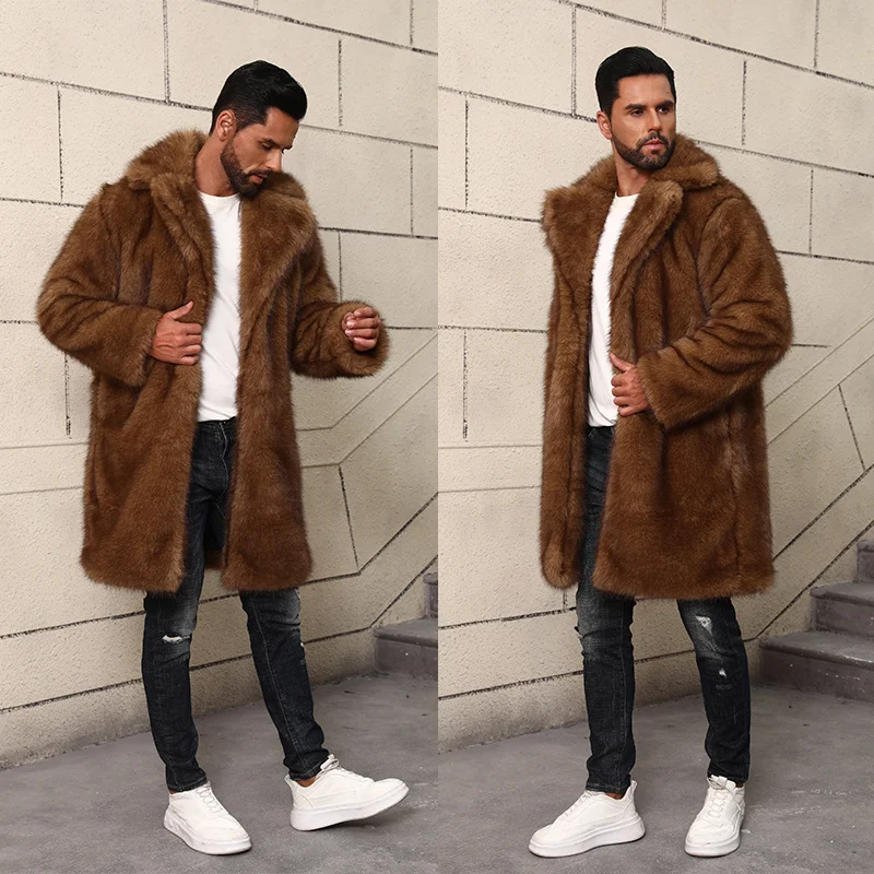Nouveau Manteau chaud épais en fausse fourrure pour hommes mi à Long col de costume britannique veste chaude en fausse fourrure