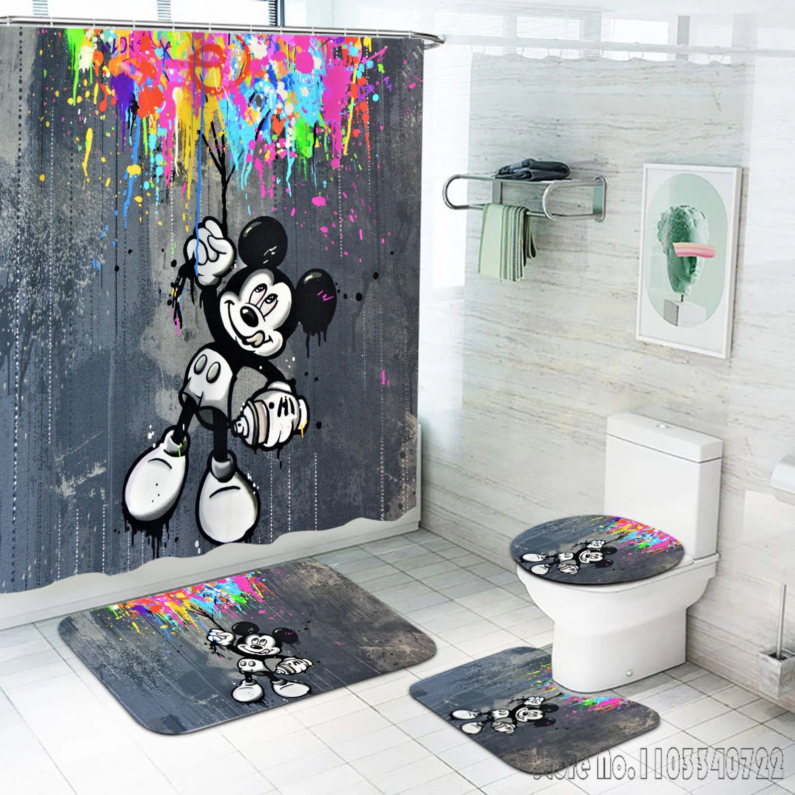 Mickey Mouse Disney Bath Shower Curtain Set 4pcs with Hooks Waterproof Bathroom Toilet Mat Lid Decor