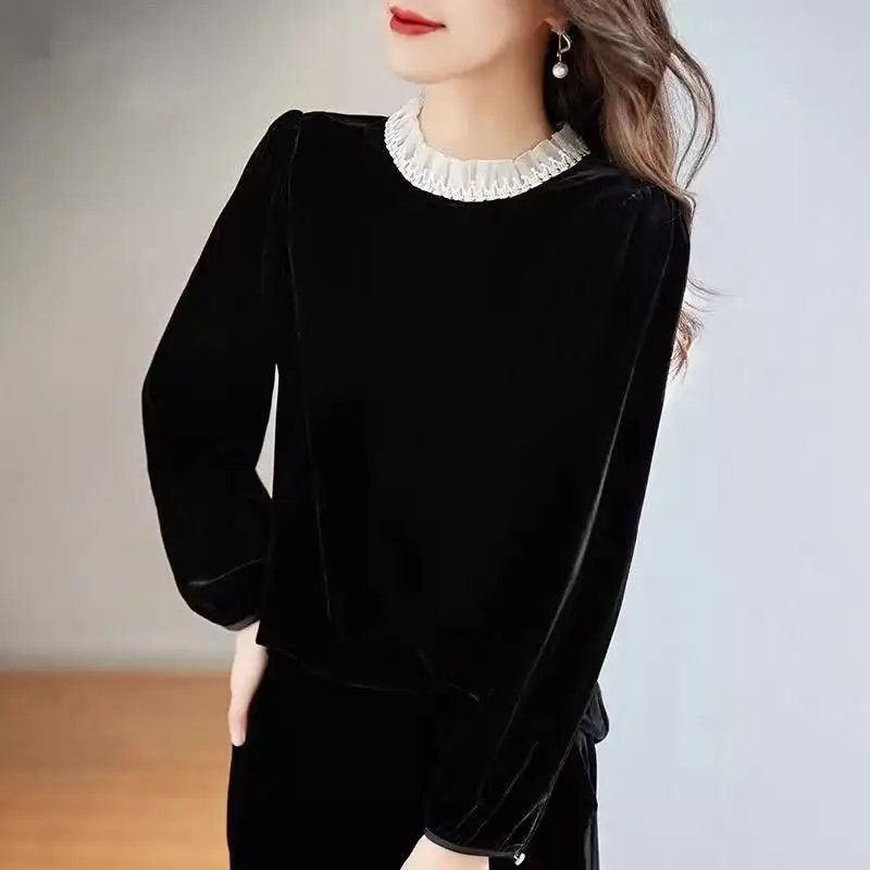 T-shirt patchwork in pizzo allentato temperamento Primavera Autunno Nuovi pullover eleganti a maniche lunghe Top Abbigliamento donna moda vintage