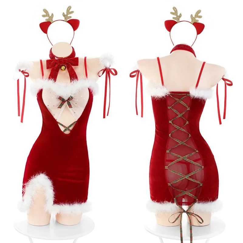 Mini robe en gaze moelleuse de plumes de Noël pour filles, costume de cosplay sexy, uniforme rouge du Nouvel An, sous-vêtements de jeu, tenues de club de fête