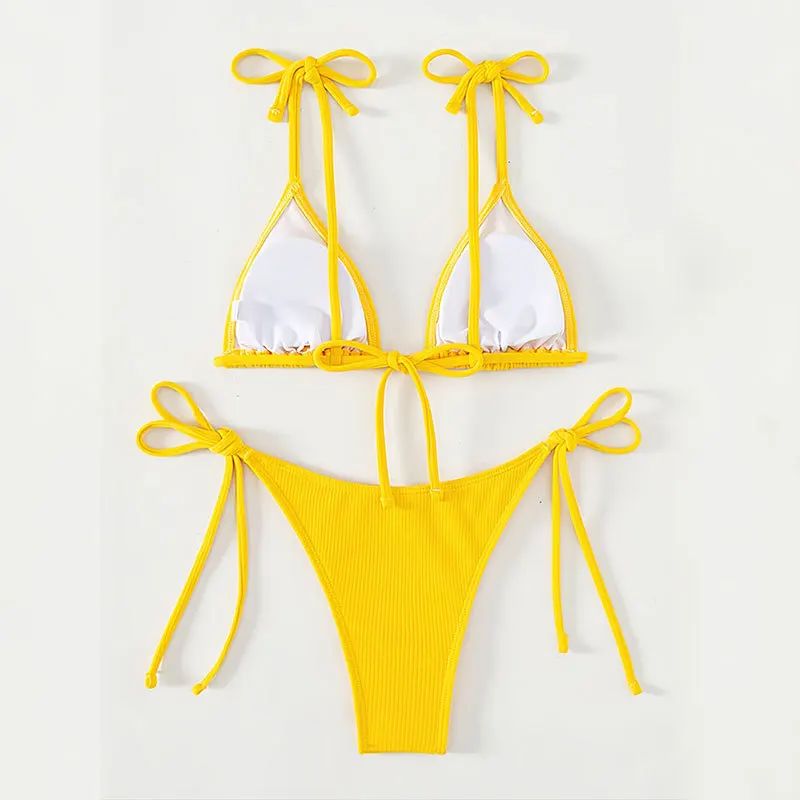 Summer Fashion Sexy Yellow Solid Color Lace-Up Triangle Cup Bikini Women'S Swimsuit  Backless Beach Swimsuit