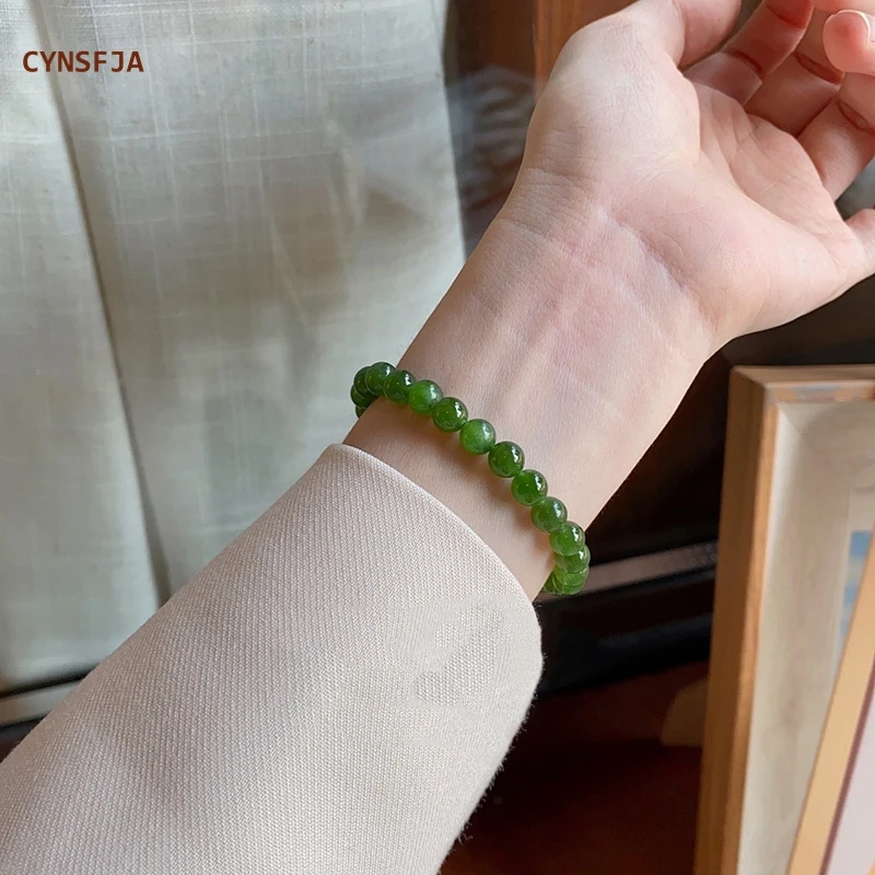 CYNSFJA New Real Rare Certified Natural Hetian Nephrite Jasper Jade Women's Lucky Bracelets 6mm Green High Quality Bless Gifts