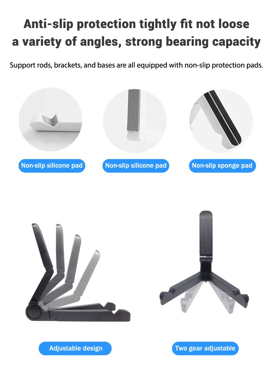 Black adjustable foldable tablet stand with non-slip silicone and sponge pads for secure placement on desk.