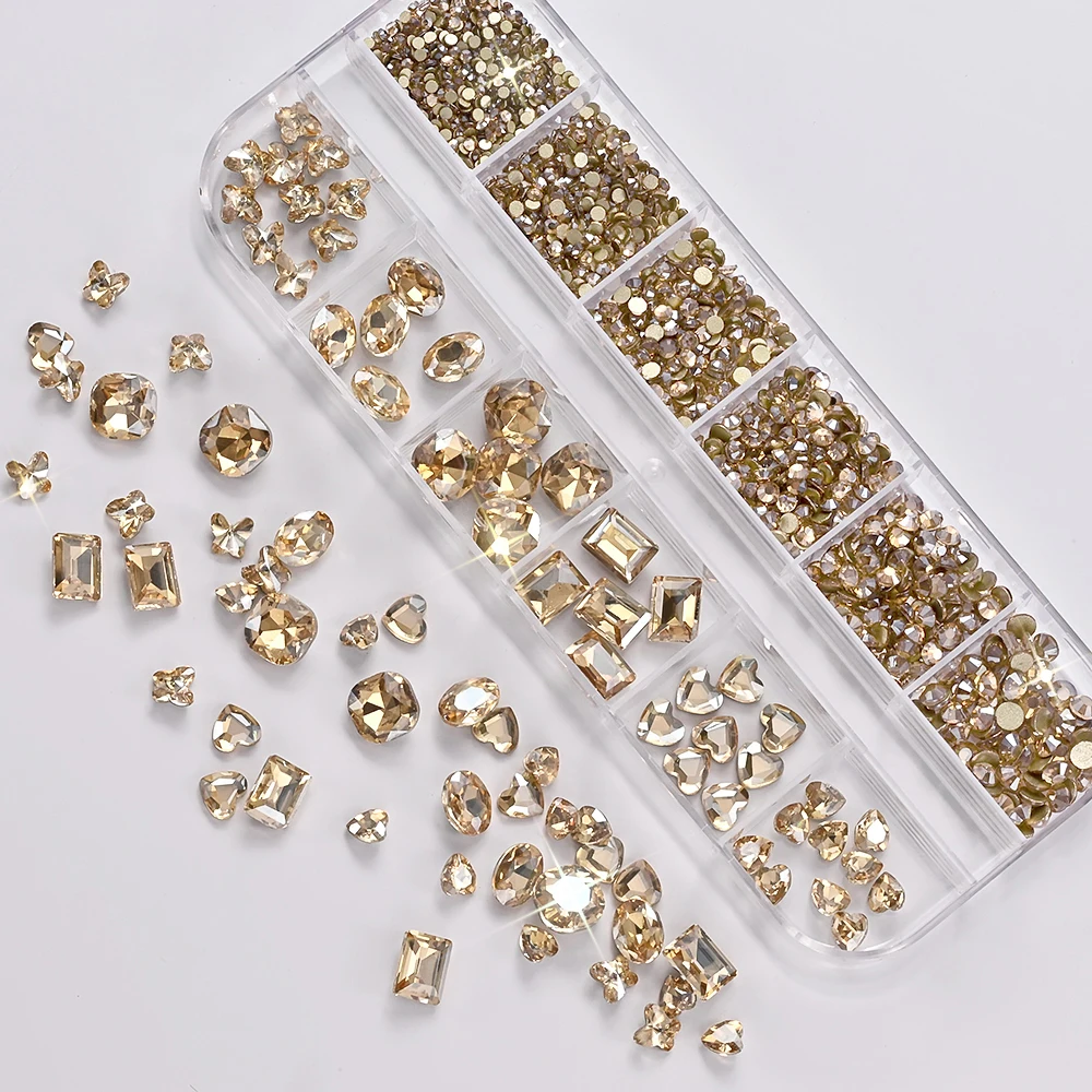 12 شبكة ثلاثية الأبعاد الشمبانيا مسمار الفن الراين مختلطة مستديرة ، الدهون مربع ، القلب ، فراشة الزجاج الماس مسمار السحر لتقوم بها بنفسك مانيكير ديكور *