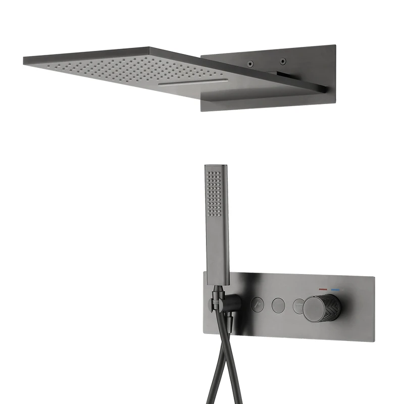 Modern Black Thermostatic Rainfall Shower Faucet Set Brass Ceiling Waterfall Shower Head Brushed Surface Soft Spray Pattern