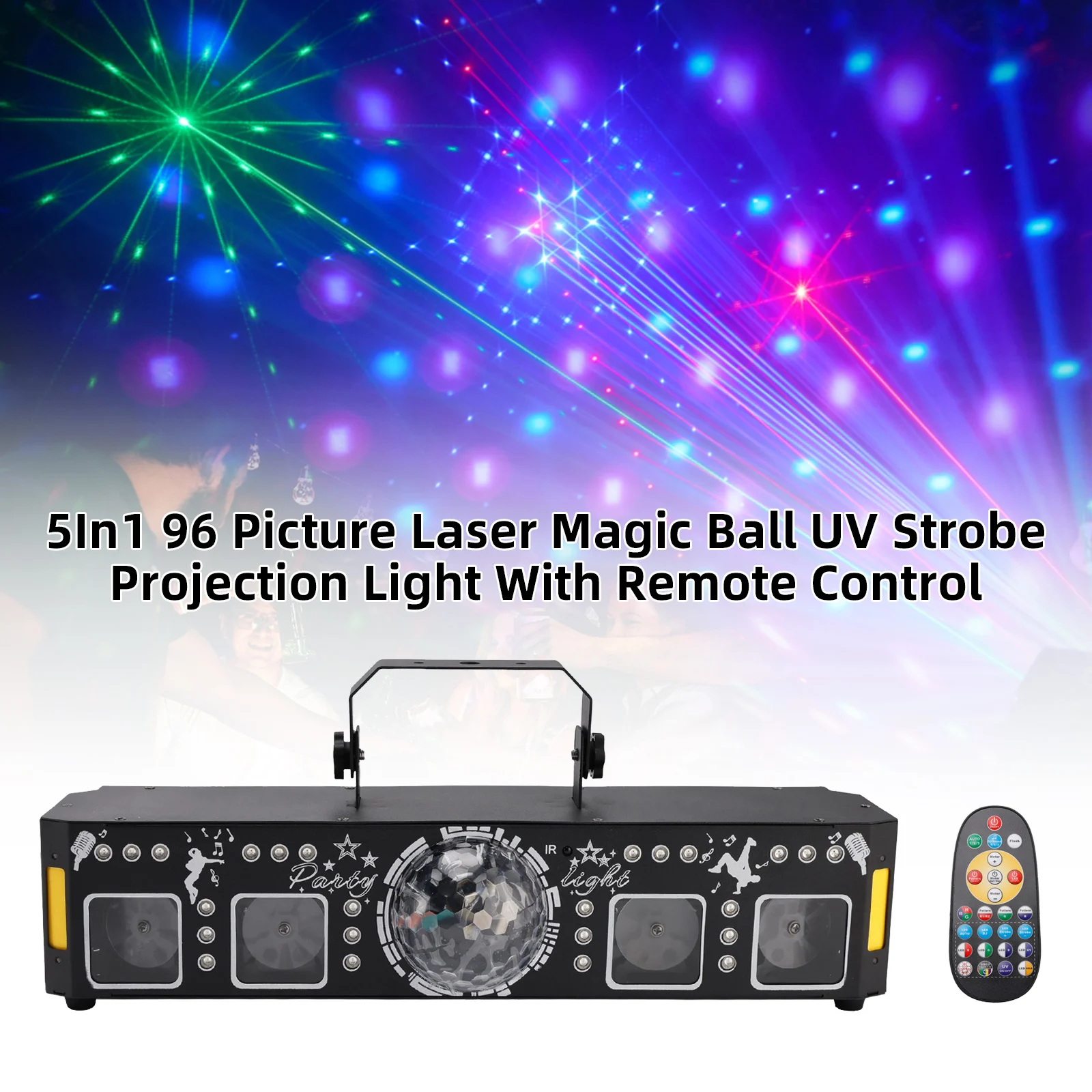 

Сценический светильник 5-в-1 с 96 динамическими режимами: магический шар, лазер, УФ, стробоскоп, светодиодная проекция, беспроводное управление и активация звуком