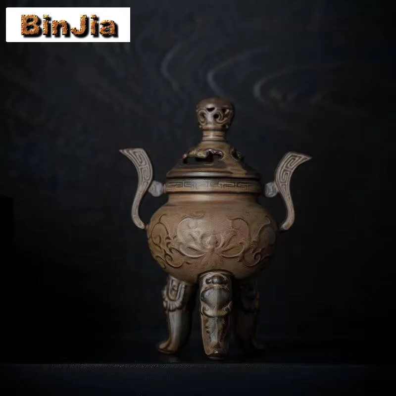 Chinese Three Legged Tripod Incense Holder Ancient Relief Water Fountain Decoration Scented Aromatic Candles Crafts Collection