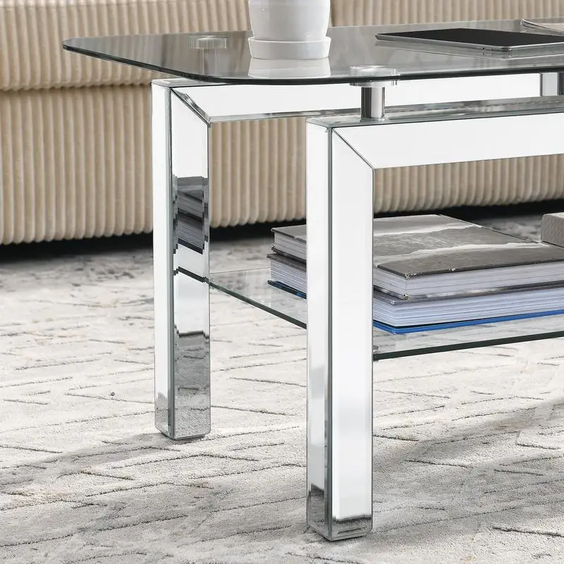 Modern Rectangle Glass Coffee Table for Living Room, Tea Table for Waiting Room, Stylish Side Table with Mirrored Stainless