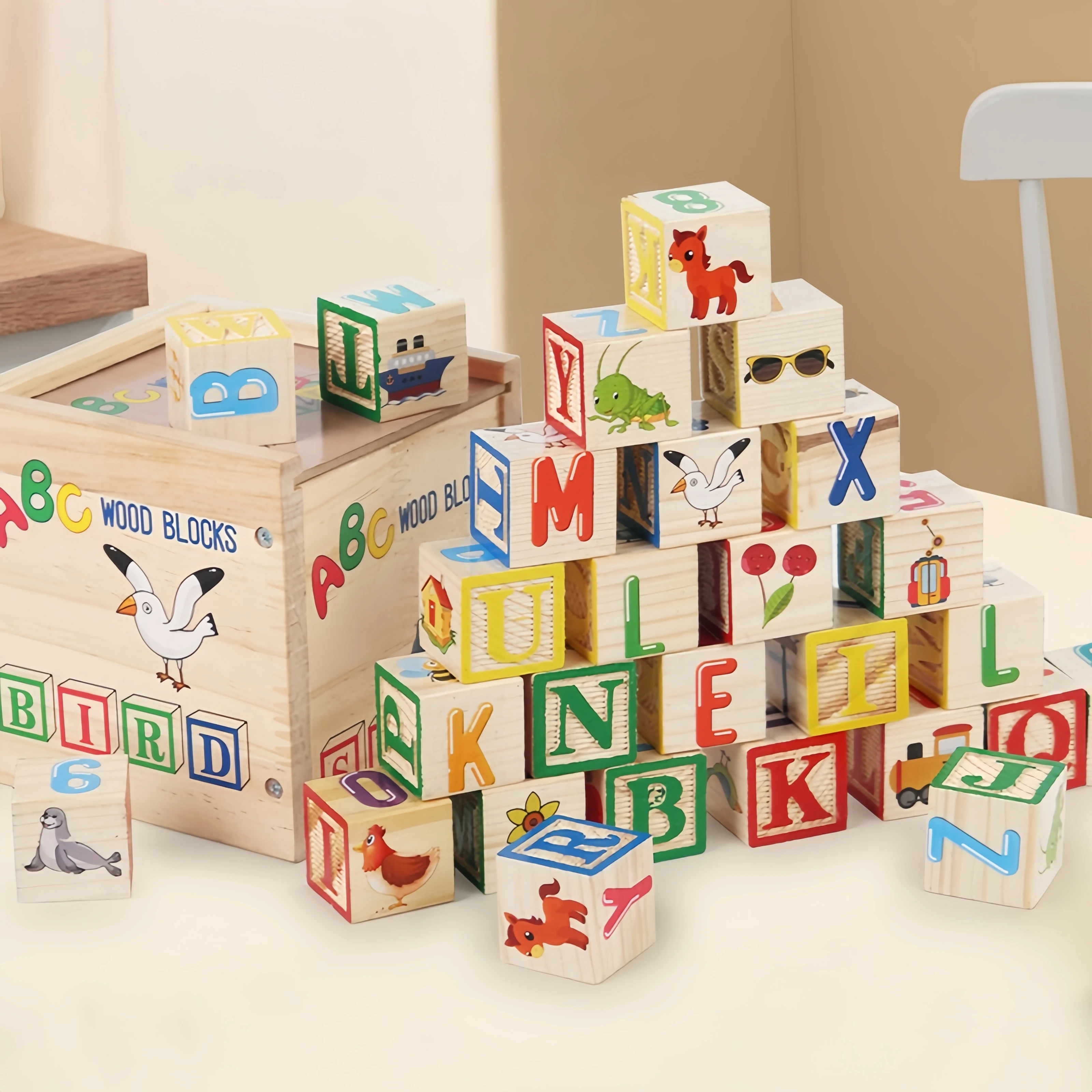 Wooden Educational Toys 27 Large Building Blocks ABC English Alphabet Number Cubes Wooden Wooden Box Storage