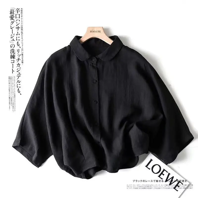 Women Cotton and Linen Spring Lapel Collar Tops 3/4 Sleeve Batshirt Loose Large Size Solid Color Casual Comfortable POLO Shirt