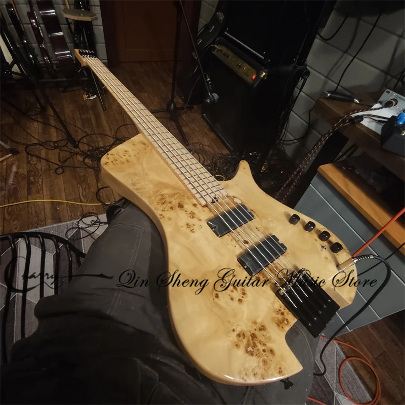 

5 String Bass Guitar Headless Bass Naturl Bass ASH Wood Body Burl Maple Top Maple Neck High-quality Idependent Bridge