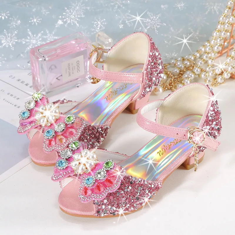 Summer Girls' Sandals Colored Diamond Princess Shoes 2024 New Children's High Heels Kids Bowknot Students Perform Dance Shoes