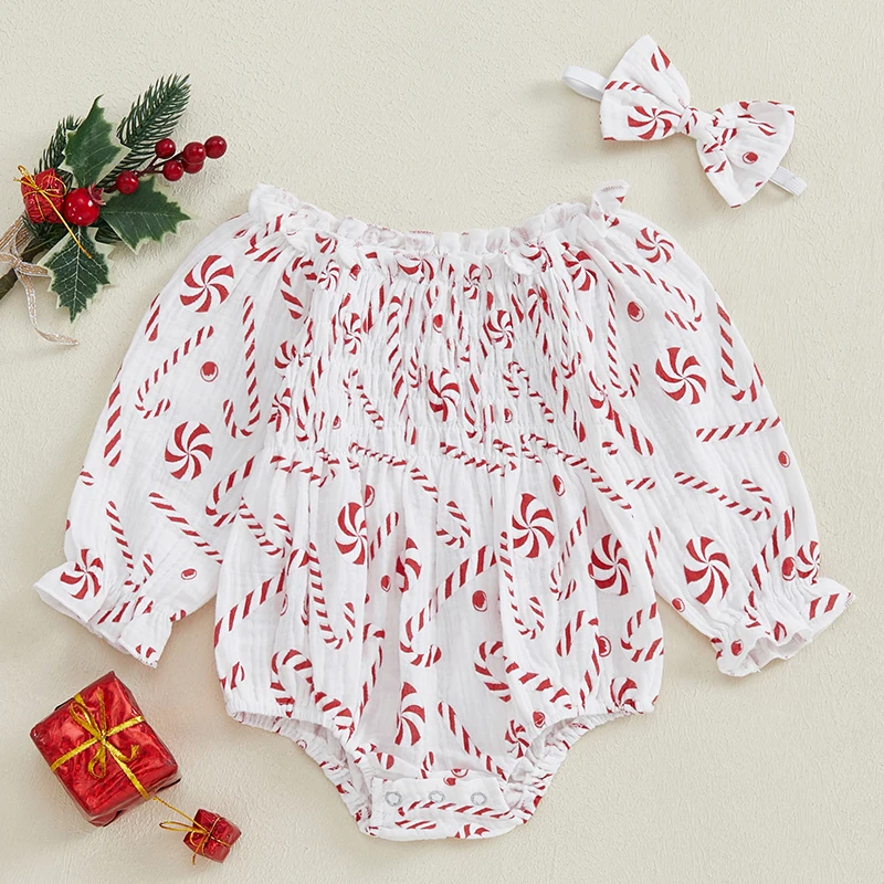 

Baby Girls Rompers Christmas Clothes Candy Cane Print Long Sleeve Fall Bodysuits with Headband 2 Pieces Sets