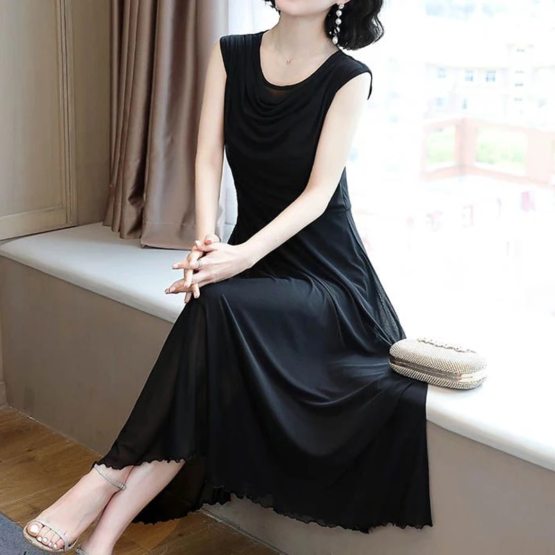 Sleeveless Pleated Solid Color Ladies Dresses Summer New Net Yarn Asymmetrical Elegant Dress Temperament Fashion Women Clothing