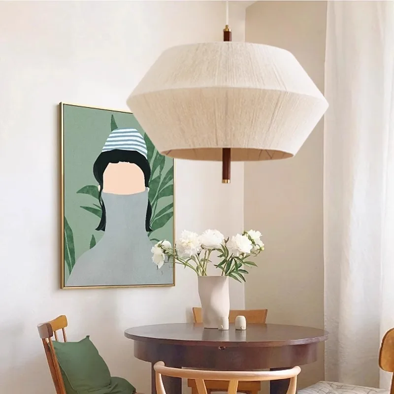 

Mid-Century Woven Wood Pendant - Japanese Wabi-Sabi Hemp & Cotton Light for Multi-Space Lodge & Dining, Retro Ambient Chandelier