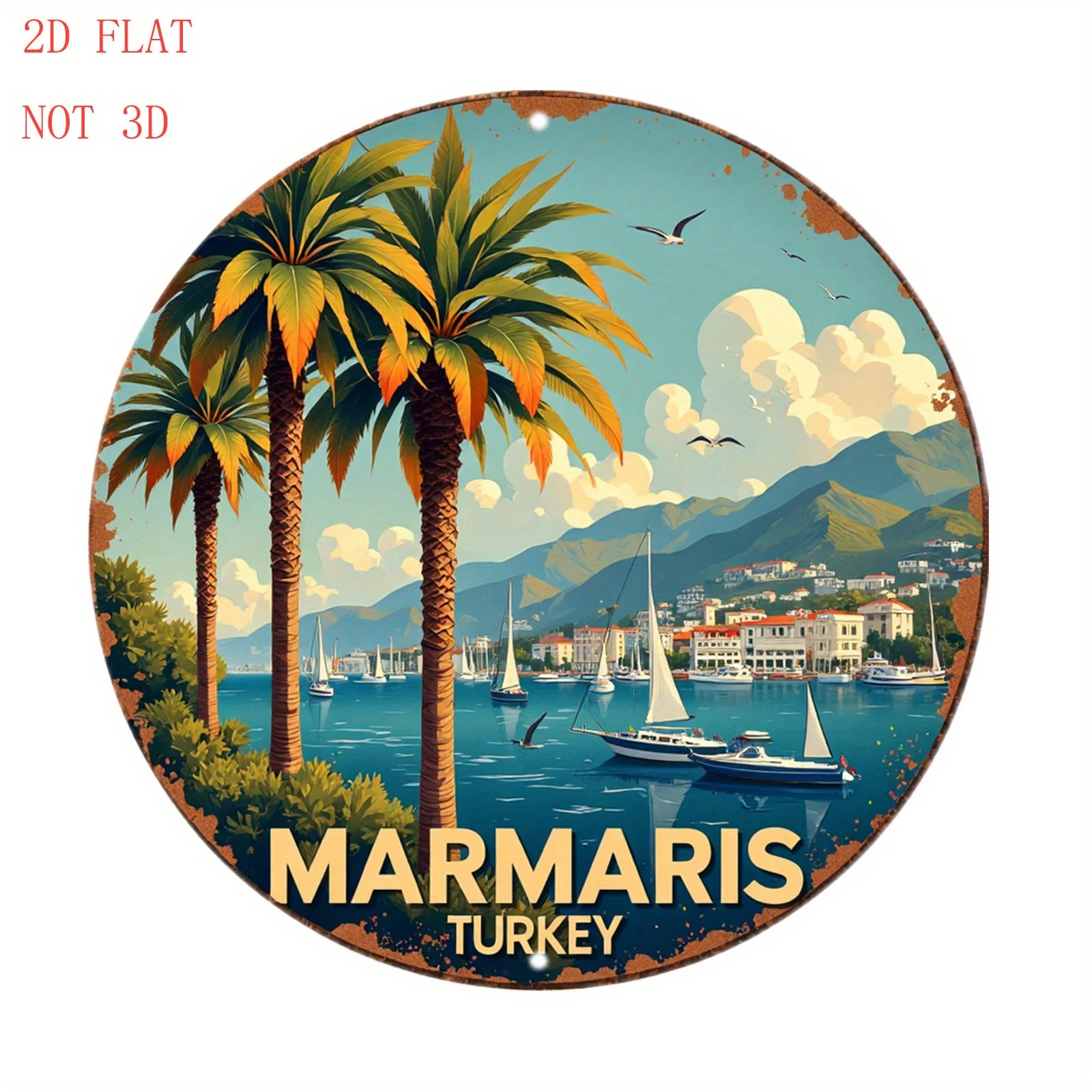 2D Flat - Round Aluminum Wall Sign Featuring an 8-Inch Design of Marmaris, Turkey, Showcasing Palm Trees, Boats, And Mountains.