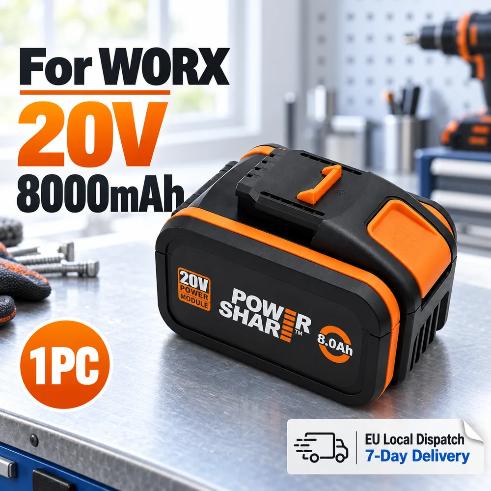 Batteria di ricambio da 20V e 8000mAh per utensili elettrici WORX WX390, disponibile in diverse varianti: 1, 2, 3 o 4 batterie, caricabatterie separato, tecnologia agli ioni di litio.