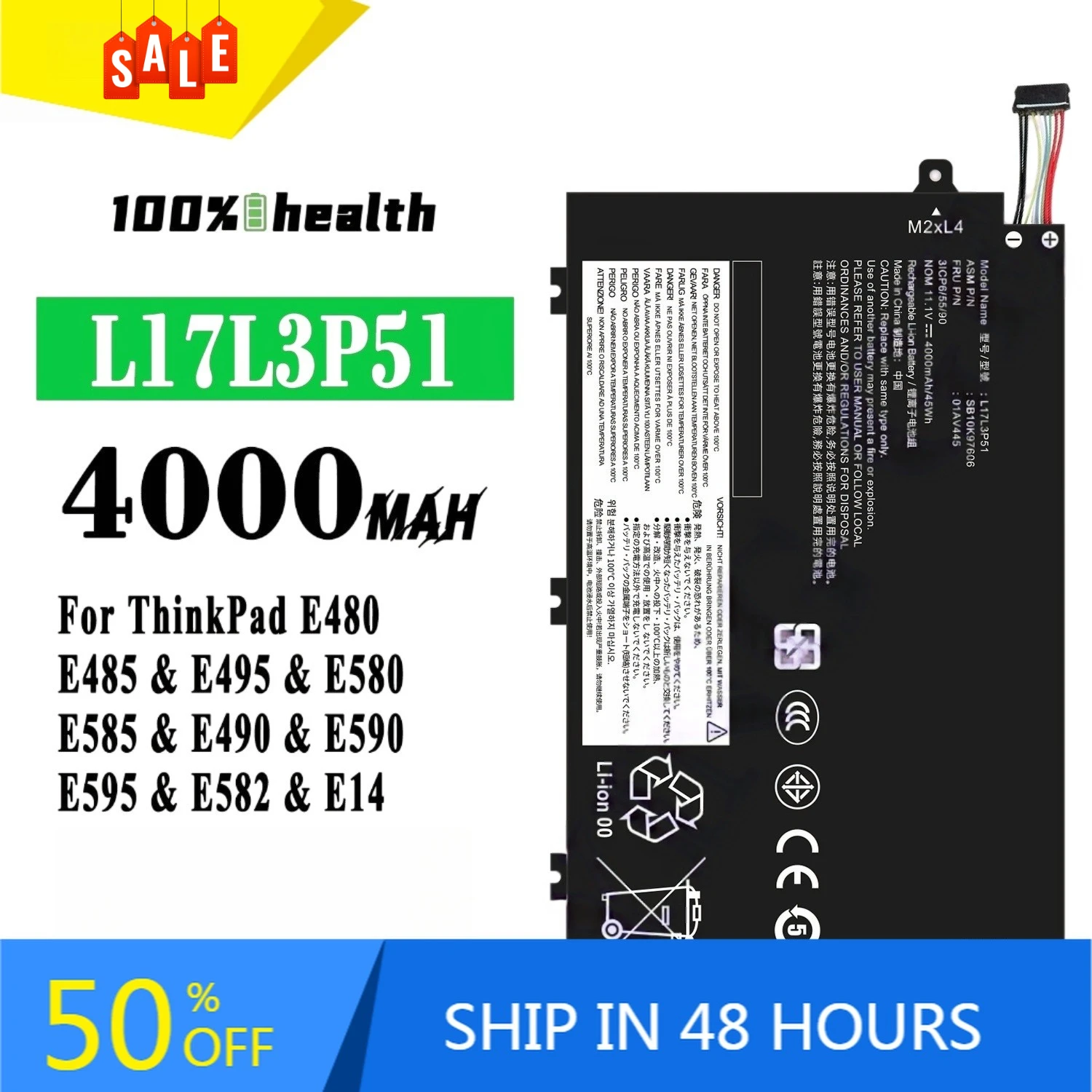 

L17L3P51 L17C3P51 L17M3P51 4000mAh Laptop Battery for Lenovo E480 E485 E495 Lithium Rechargeable Battery