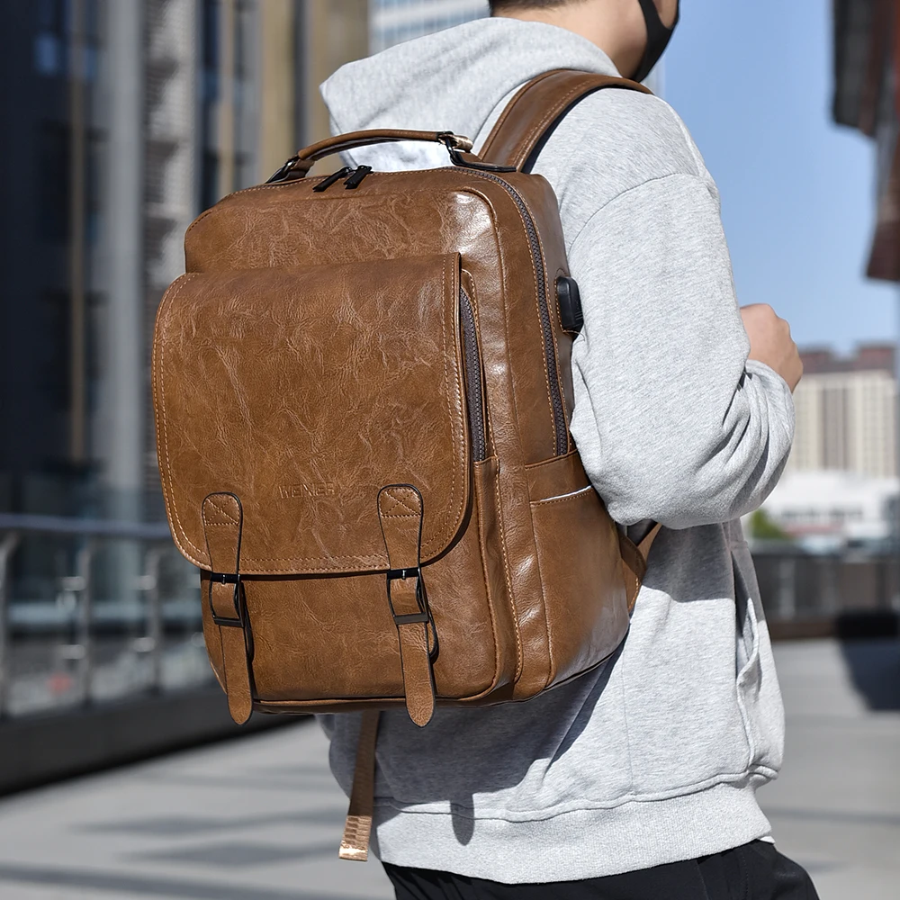 branded leather men backpack aliexpress Luxury Brand Man Leather Casual Solid Daypacks Travel Large Capacity  Backpack Students 14 inches Laptop Schoolbag Men Mochila