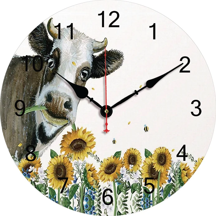 Cow Sunflower Wall Clock Kitchen Decor Wall Art Silent Non Ticking Large Round Wall Clocks For Living Room Bedroom Office