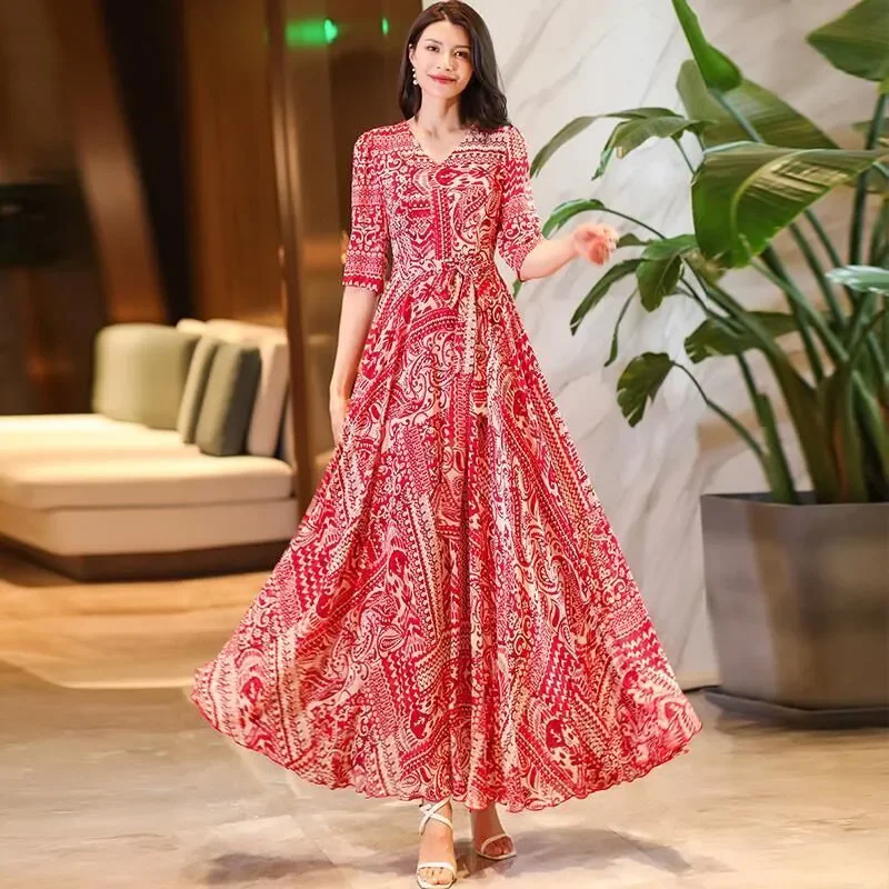 Big Swing Skirt Summer Five-point Sleeve Waist Slim Loose Dress Commuter Printing Big swing Holiday Dress Female Slim Long Skirt