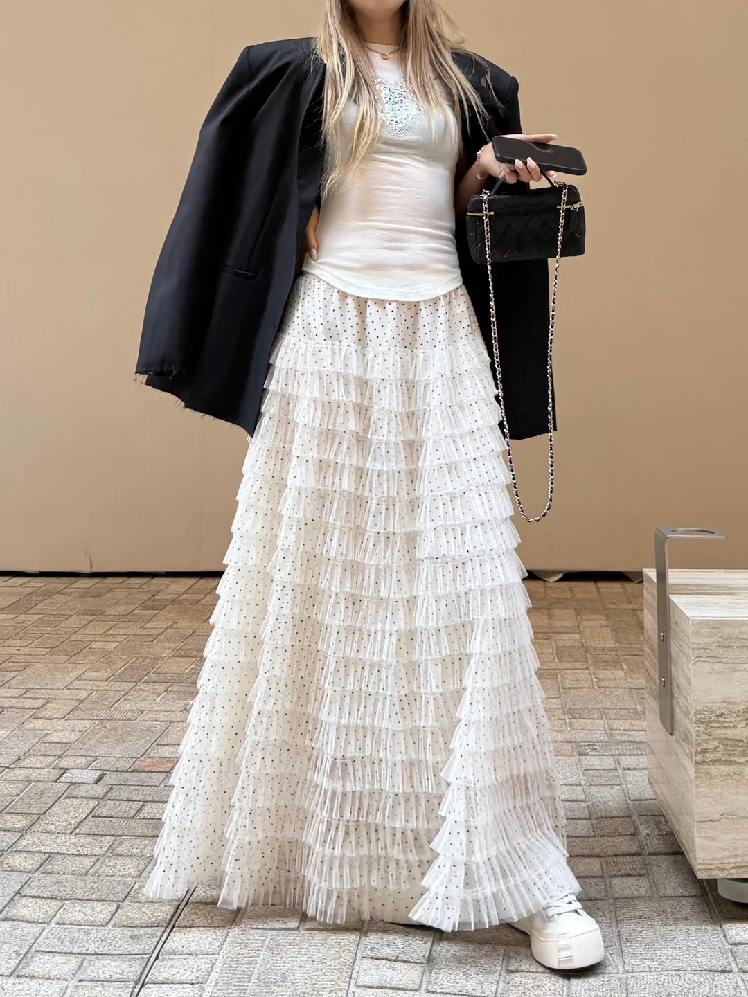 

Элегантная женская длинная юбка-полусолнце с точечным узором, сетчатая, драпированная, А-силуэта, повседневная, с высокой талией, кружевная, весна-лето 2026
